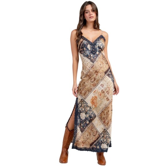 Fashion Nova Dresses & Skirts - Y2k Satin Patchwork Western Maxi Slip Dress L Festival Rodeo Cowgirl Summer